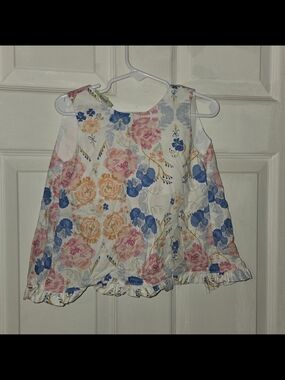 Le Za Me Girls Floral Ruffle Hem Tank - White with Pink & Blue Flowers Sz 24M